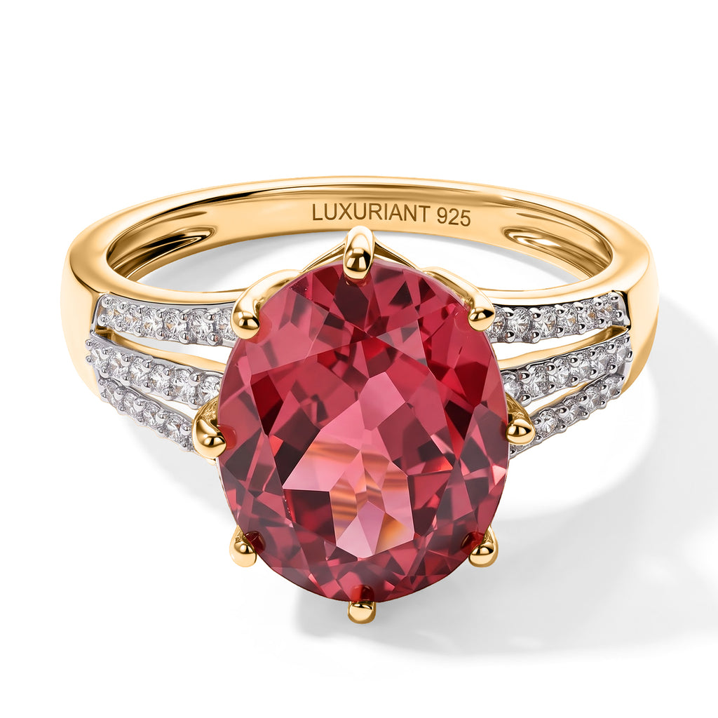 Luxuriant Lab Created Padparadscha Sapphire, Lab Grown Diamond Main Stone With Side Stone Ring in 18K YG VermeilSterling Silver  7.048  Ct._8754732