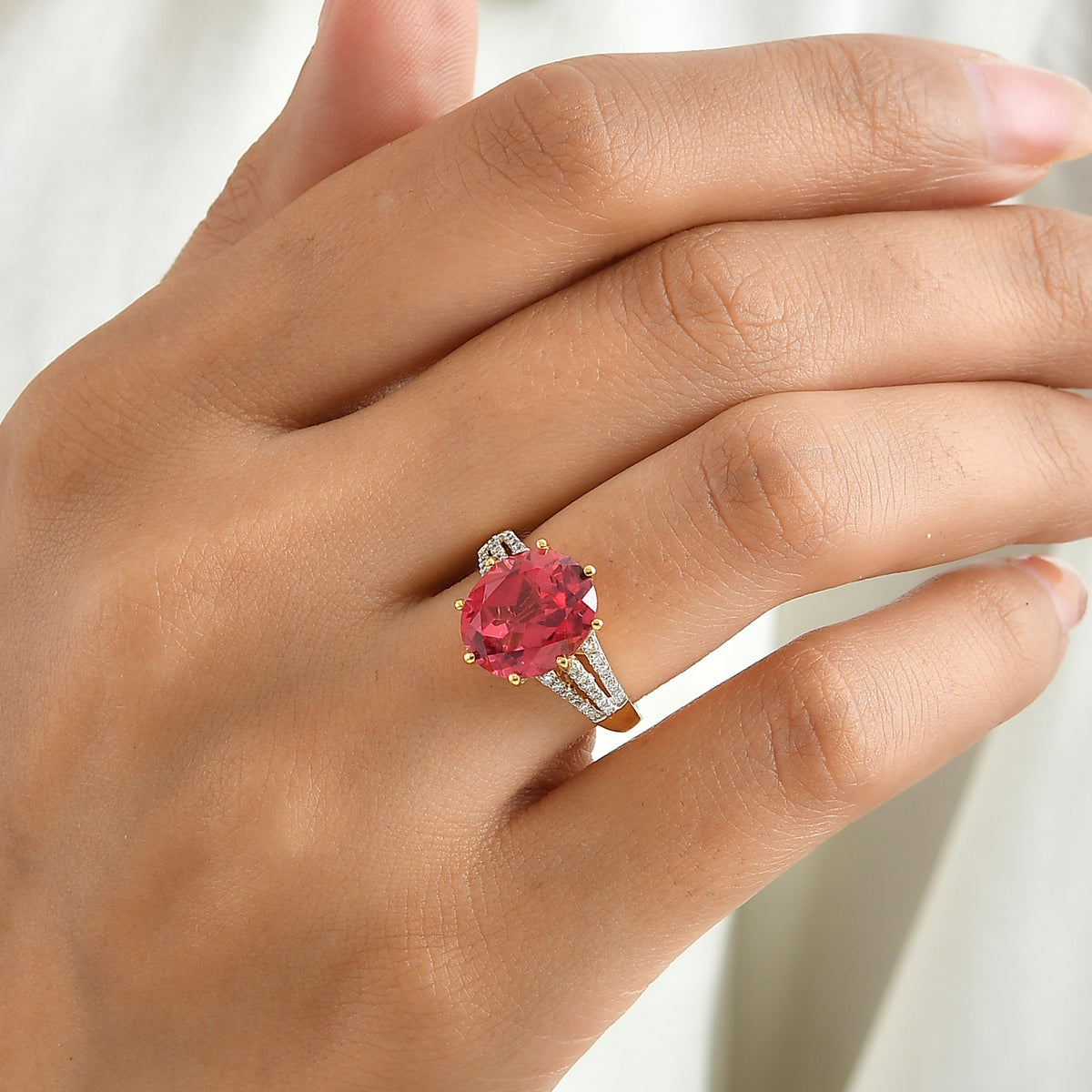 Luxuriant - Lab Created Padparadscha Sapphire &amp; Lab Grown Diamond (SI-G-H) Ring in 18K Vermeil Yellow Gold Plated Sterling Silver 7.04 Ct. 8754732 1