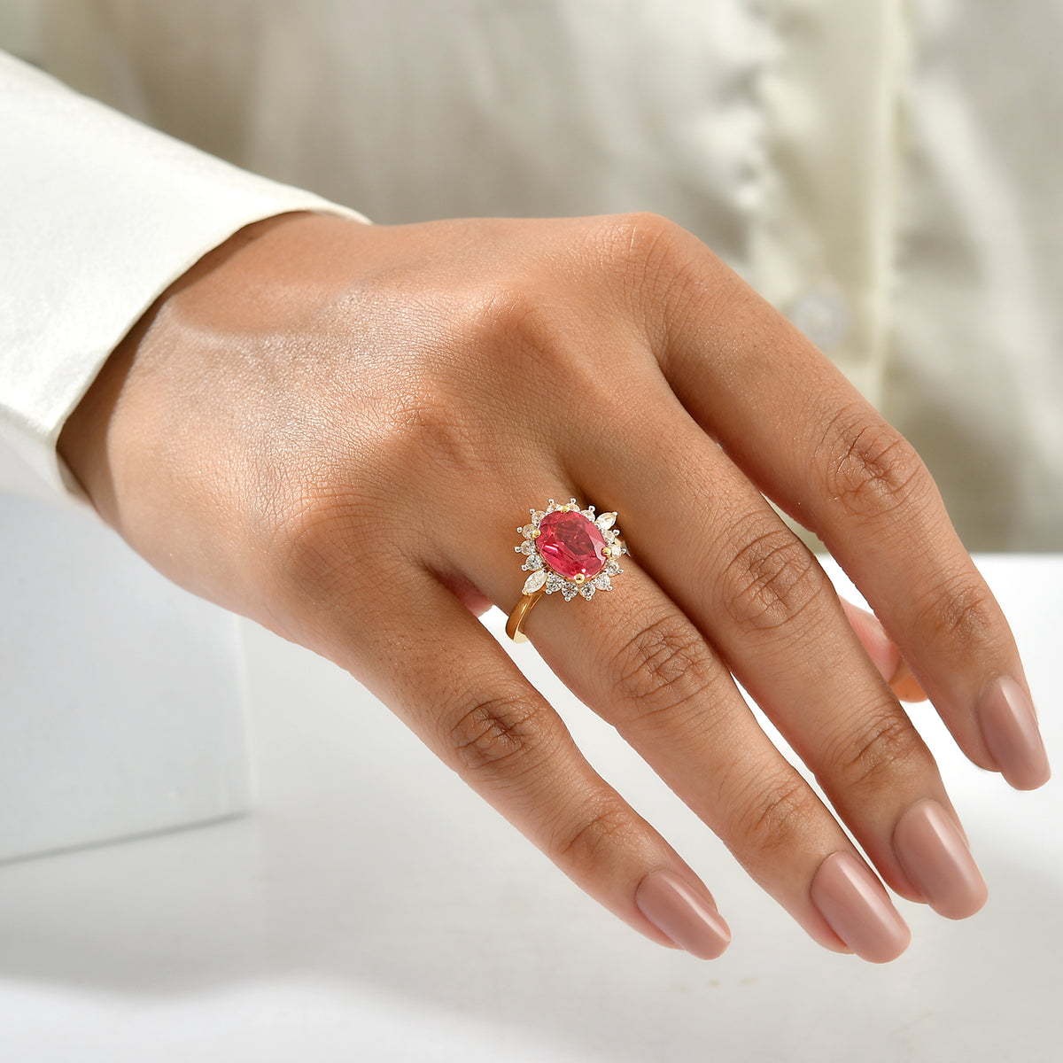 Luxuriant Lab Created Padparadscha Sapphire, White Zircon Main Stone With Surrounding Stone Ring Sterling Silver  4.707  Ct. 8754747 2