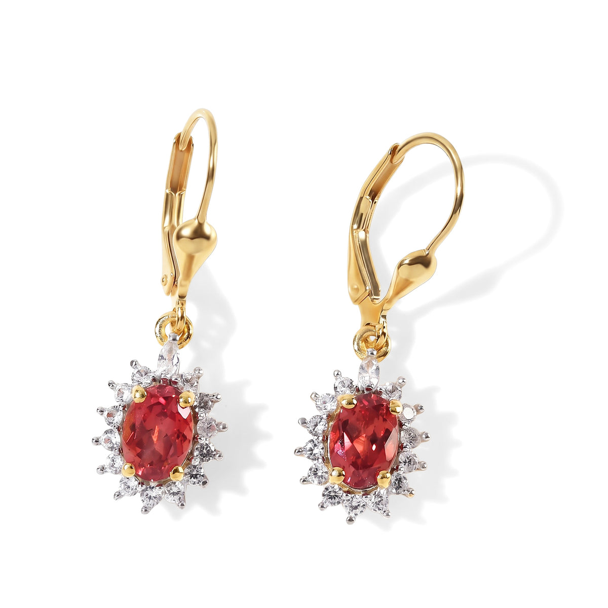 Luxuriant - Lab Created Padparadscha Sapphire &amp; White Zircon Halo Earring with Lever Back in Yellow Gold Plated Sterling Silver 3.07 Ct. 8754767 0