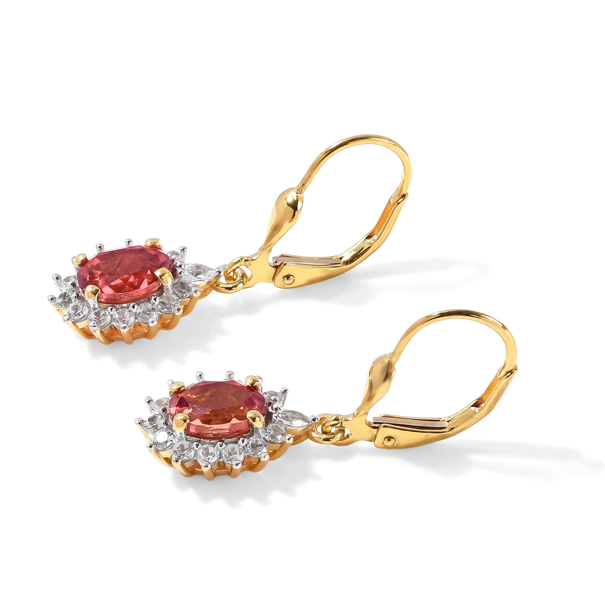 Luxuriant - Lab Created Padparadscha Sapphire &amp; White Zircon Halo Earring with Lever Back in Yellow Gold Plated Sterling Silver 3.07 Ct. 8754767 3