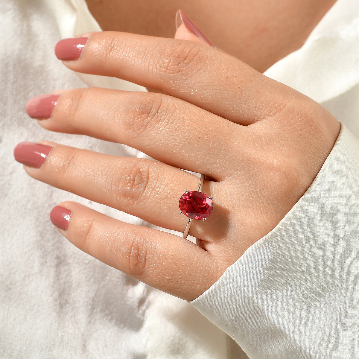 Luxuriant - Lab Created Padparadscha Sapphire Solitaire Ring in Platinum Overlay Sterling Silver 3.86 Ct. 8754768 1