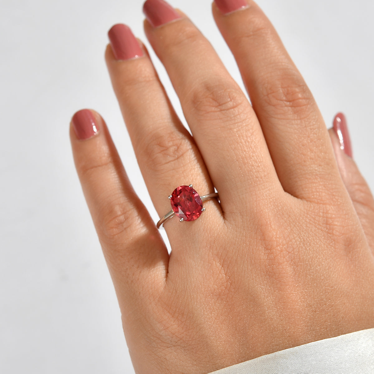 Luxuriant - Lab Created Padparadscha Sapphire Solitaire Ring in Platinum Overlay Sterling Silver 3.86 Ct. 8754768 2