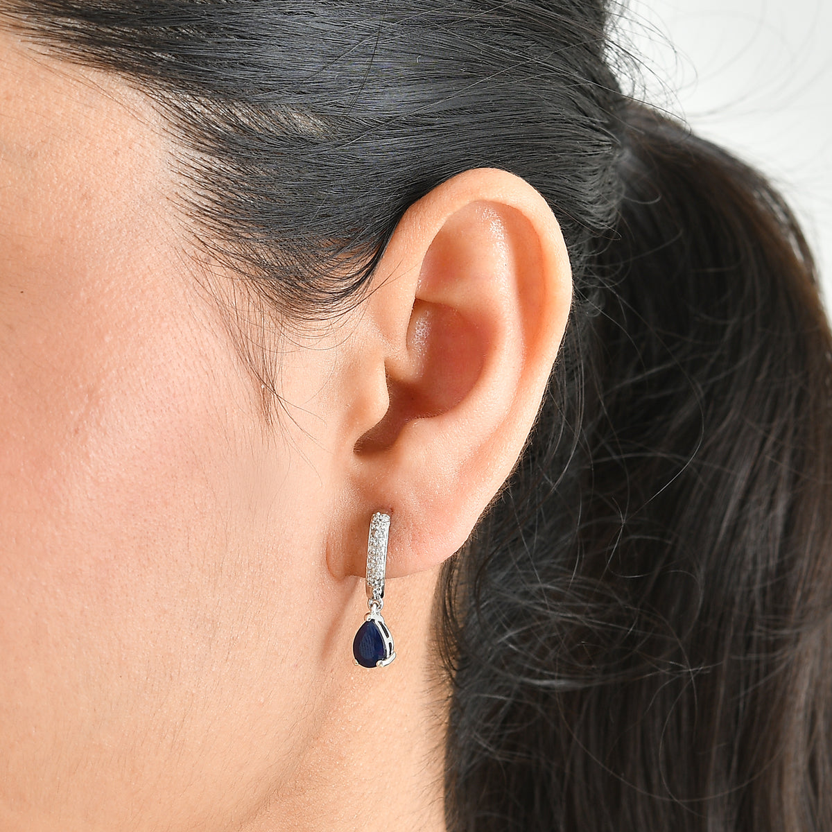 D'Joy - Diffused Blue Sapphire &amp; White Zircon Hoop Earring in Platinum Overlay Sterling Silver 2.08 Ct. 8754818 1