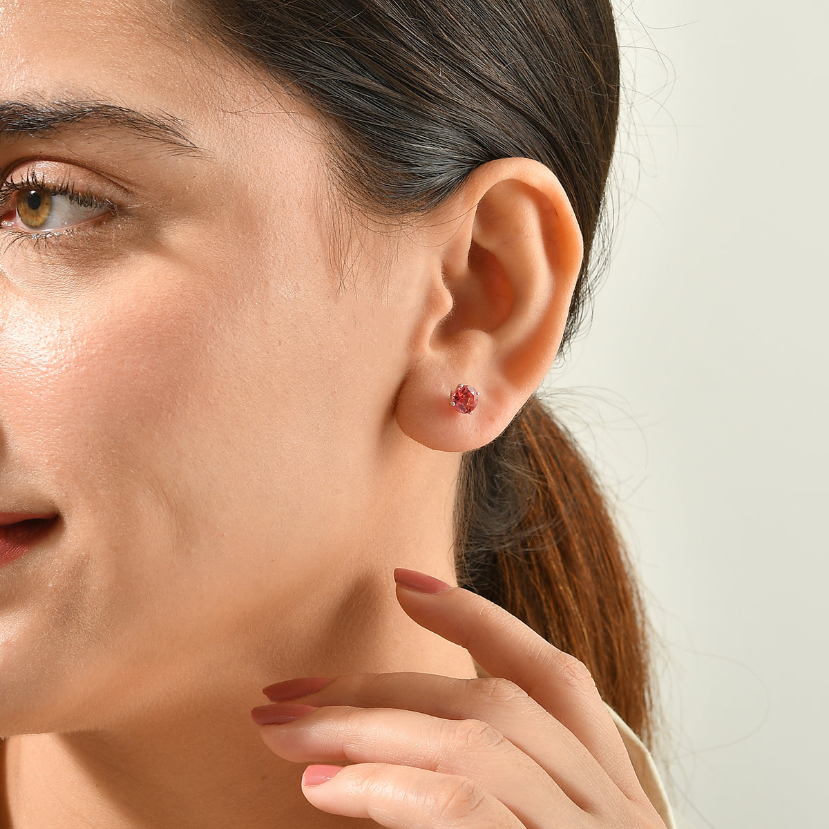 Luxuriant - Lab Created Padparadscha Sapphire Solitaire Stud Push Post Earring in Platinum Overlay Sterling Silver 2.40 Ct. 8754879 2