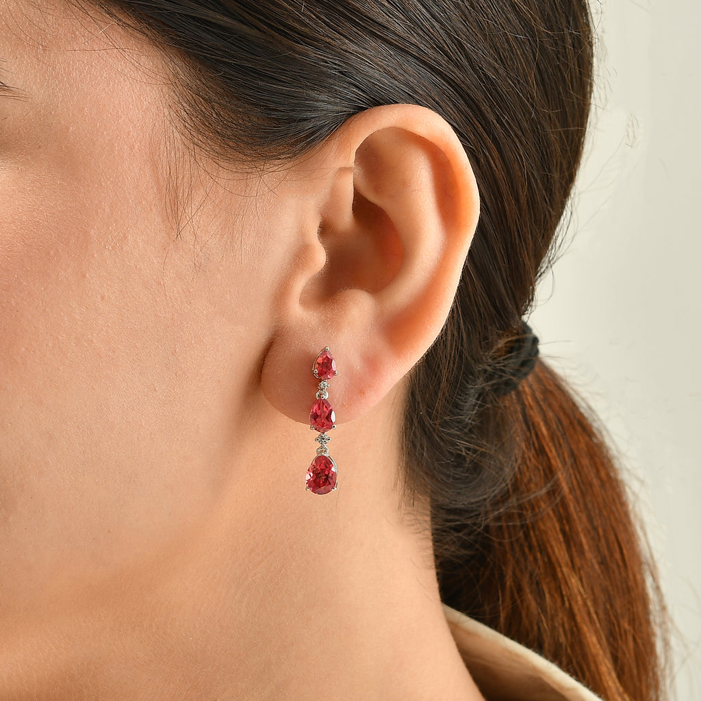 Luxuriant - Lab Created Padparadscha Sapphire & White Zircon Dangling Earring with Push Post in Platinum Overlay Sterling Silver  6.78 Ct._8754913_1