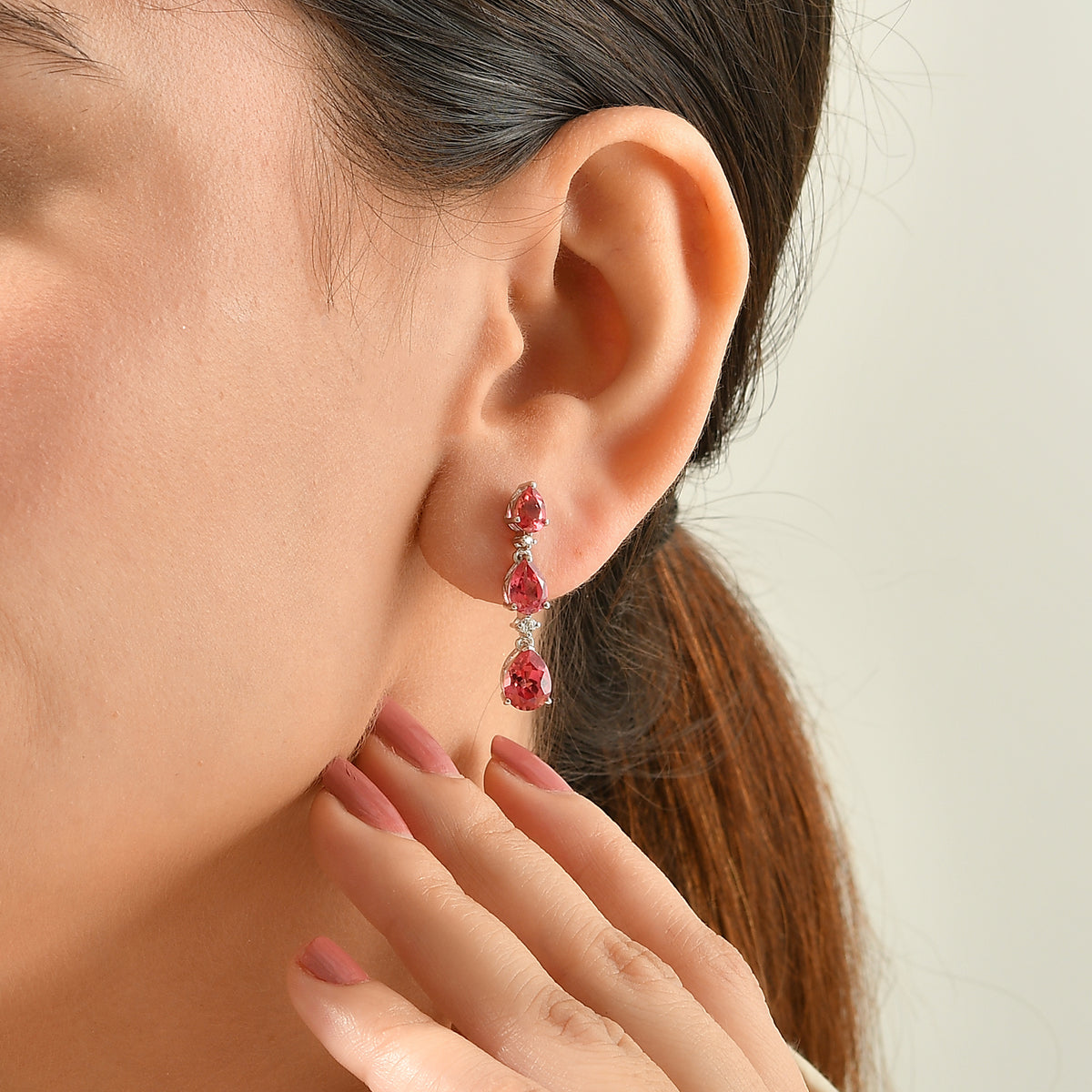 Luxuriant - Lab Created Padparadscha Sapphire &amp; White Zircon Dangling Earring with Push Post in Platinum Overlay Sterling Silver  6.78 Ct. 8754913 2