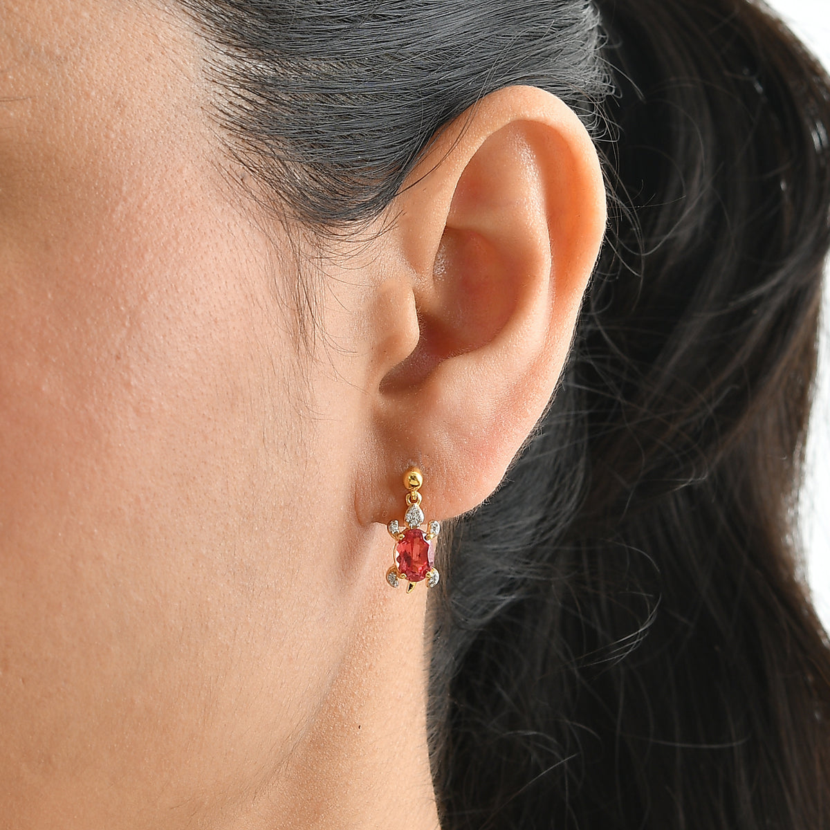 Luxuriant - Lab Created Padparadscha Sapphire &amp; White Zircon Dangling Earring with Push Post in Yellow Gold Plated Sterling Silver 2.47 Ct. 8754947 1