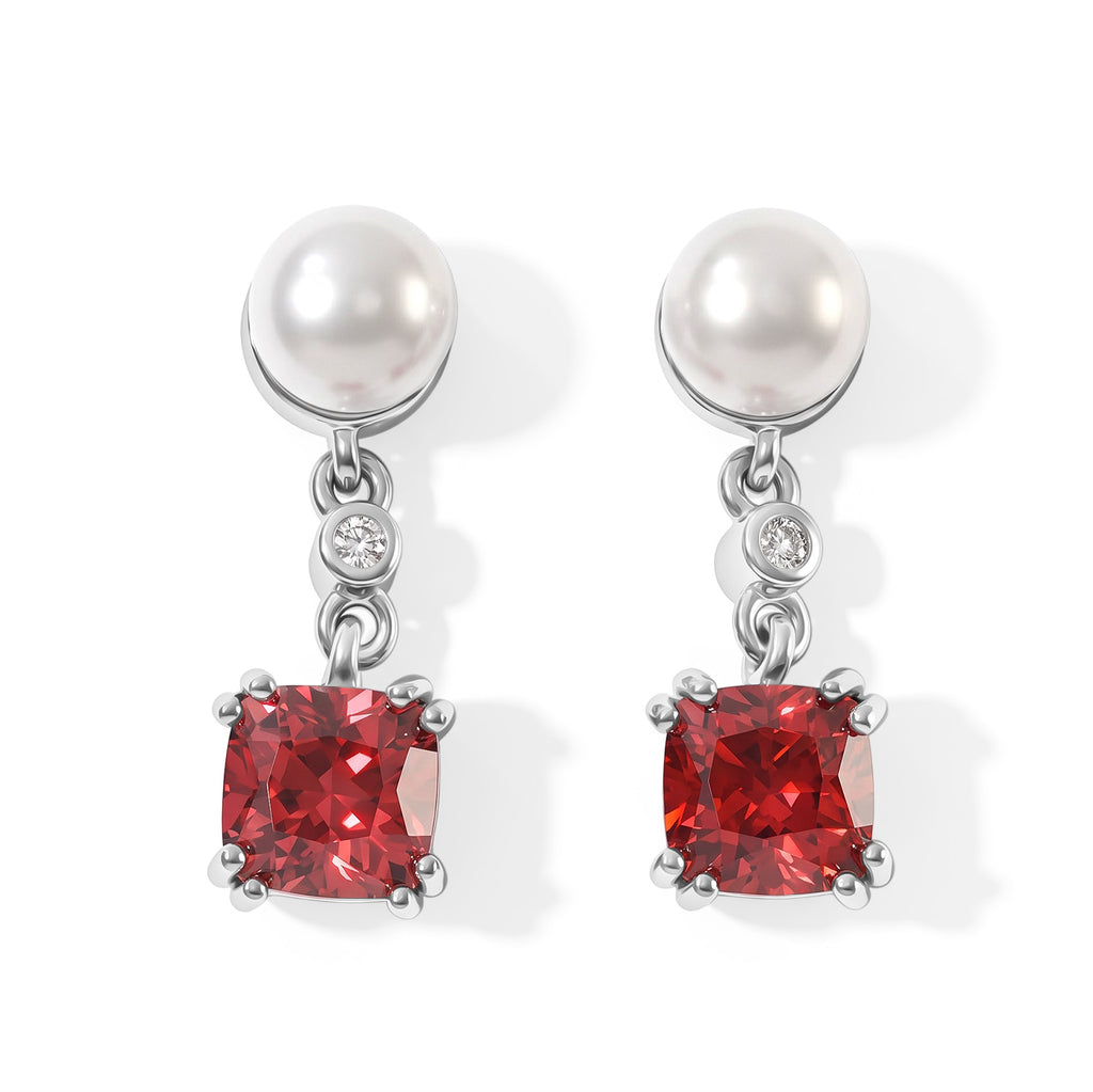 Luxuriant - Lab Created Padparadscha Sapphire, Fresh Water Pearl & White Zircon Dangling Earring with Push Post in Platinum Overlay Sterling Silver 5.10 Ct._8755022