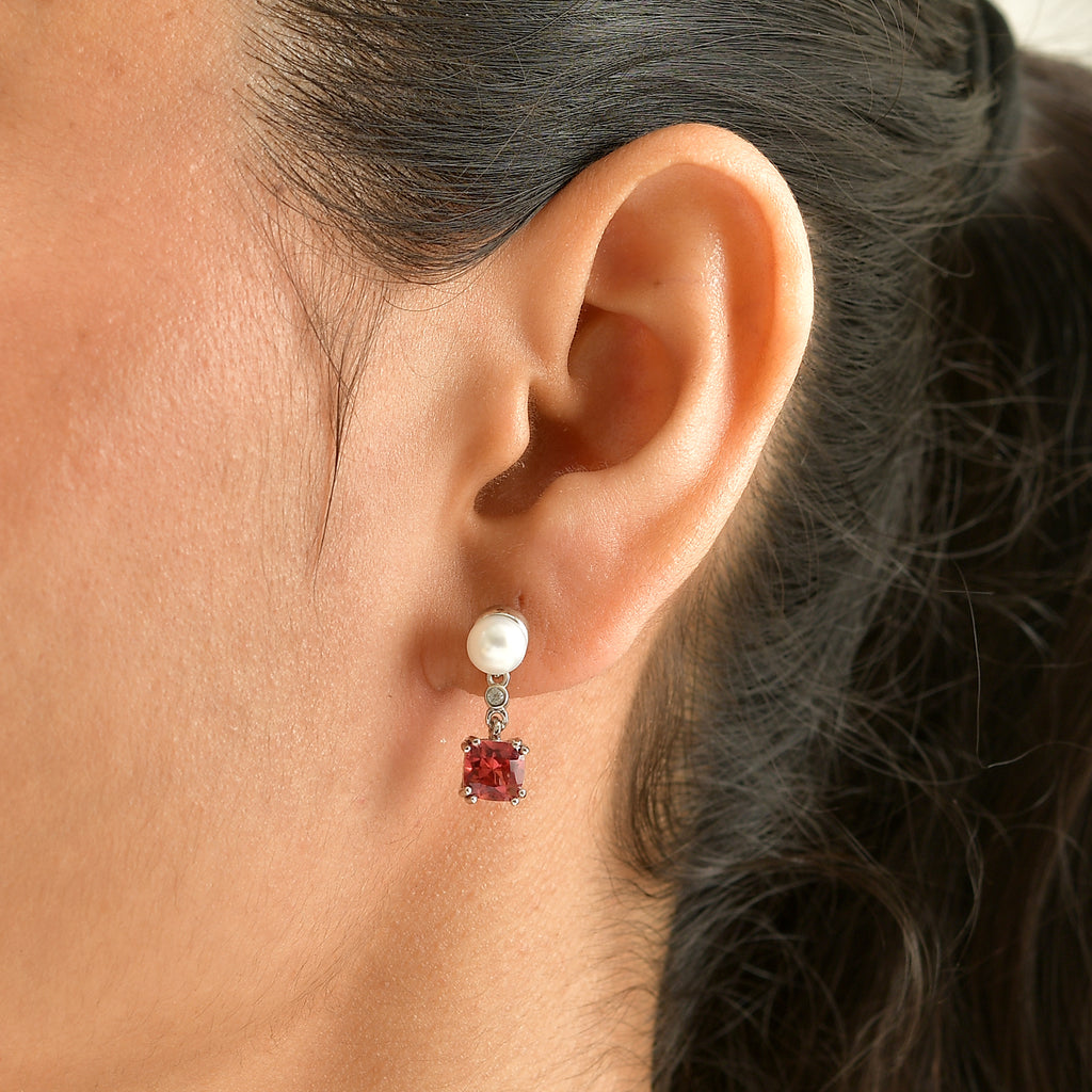 Luxuriant - Lab Created Padparadscha Sapphire, Fresh Water Pearl & White Zircon Dangling Earring with Push Post in Platinum Overlay Sterling Silver 5.10 Ct._8755022_1