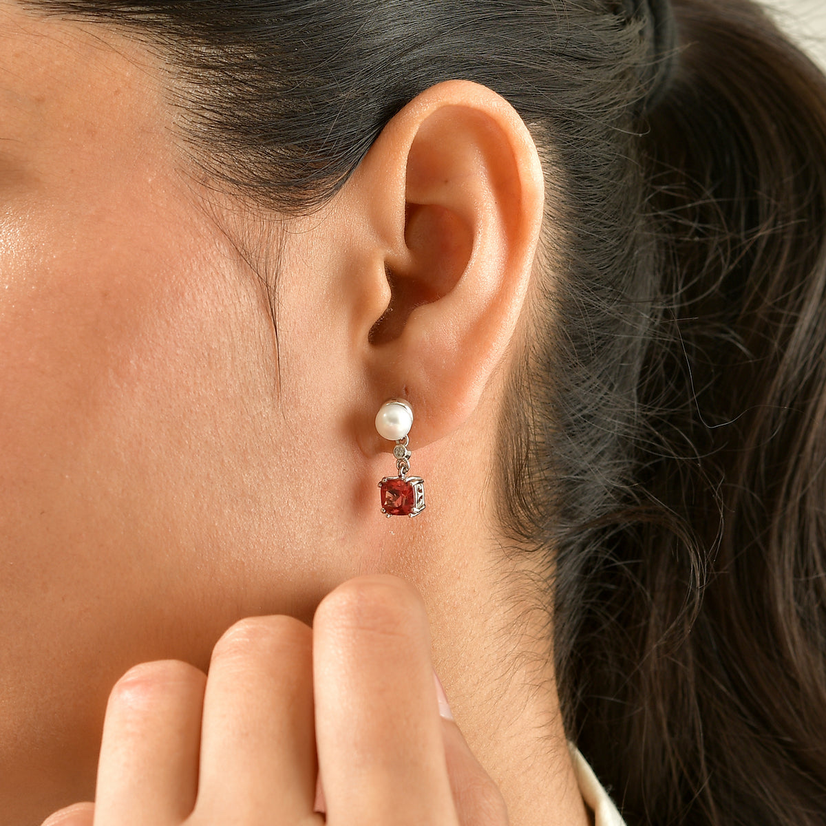 Luxuriant - Lab Created Padparadscha Sapphire, Fresh Water Pearl &amp; White Zircon Dangling Earring with Push Post in Platinum Overlay Sterling Silver 5.10 Ct. 8755022 2