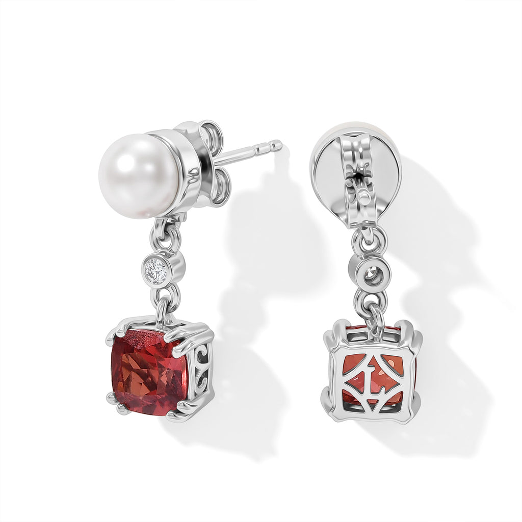Luxuriant - Lab Created Padparadscha Sapphire, Fresh Water Pearl & White Zircon Dangling Earring with Push Post in Platinum Overlay Sterling Silver 5.10 Ct._8755022_3
