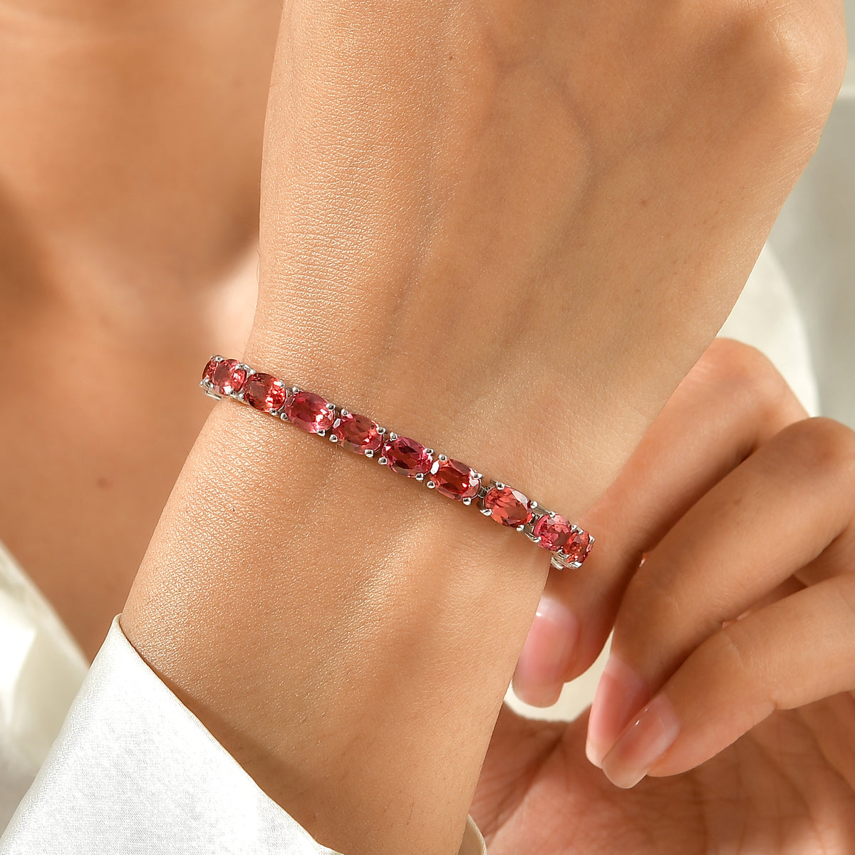 Luxuriant - Lab Created Padparadscha Sapphire Bracelet (Size - 8) with GB Lock Box in Rhodium Overlay Sterling Silver 29.34 Ct, Silver Wt. 12.55 Gms 8755052 1