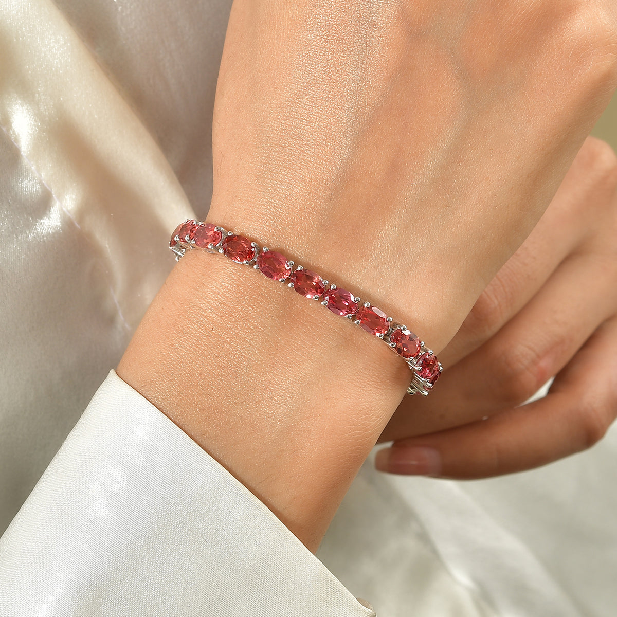 Luxuriant - Lab Created Padparadscha Sapphire Bracelet (Size - 8) with GB Lock Box in Rhodium Overlay Sterling Silver 29.34 Ct, Silver Wt. 12.55 Gms 8755052 2