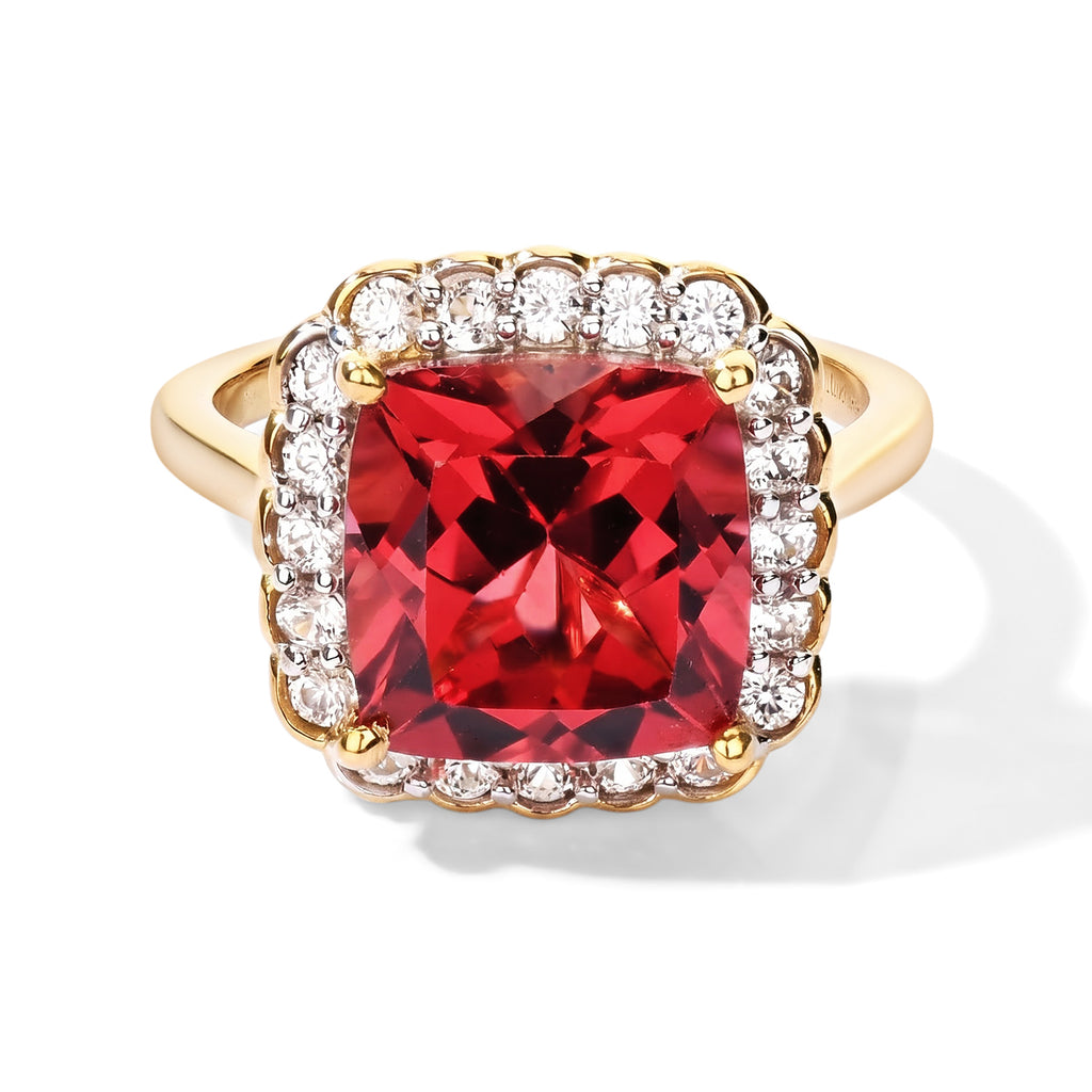 Luxuriant Lab Created Padparadscha Sapphire, White Zircon Halo Ring in 18K YG VermeilSterling Silver  7.060  Ct._8755850