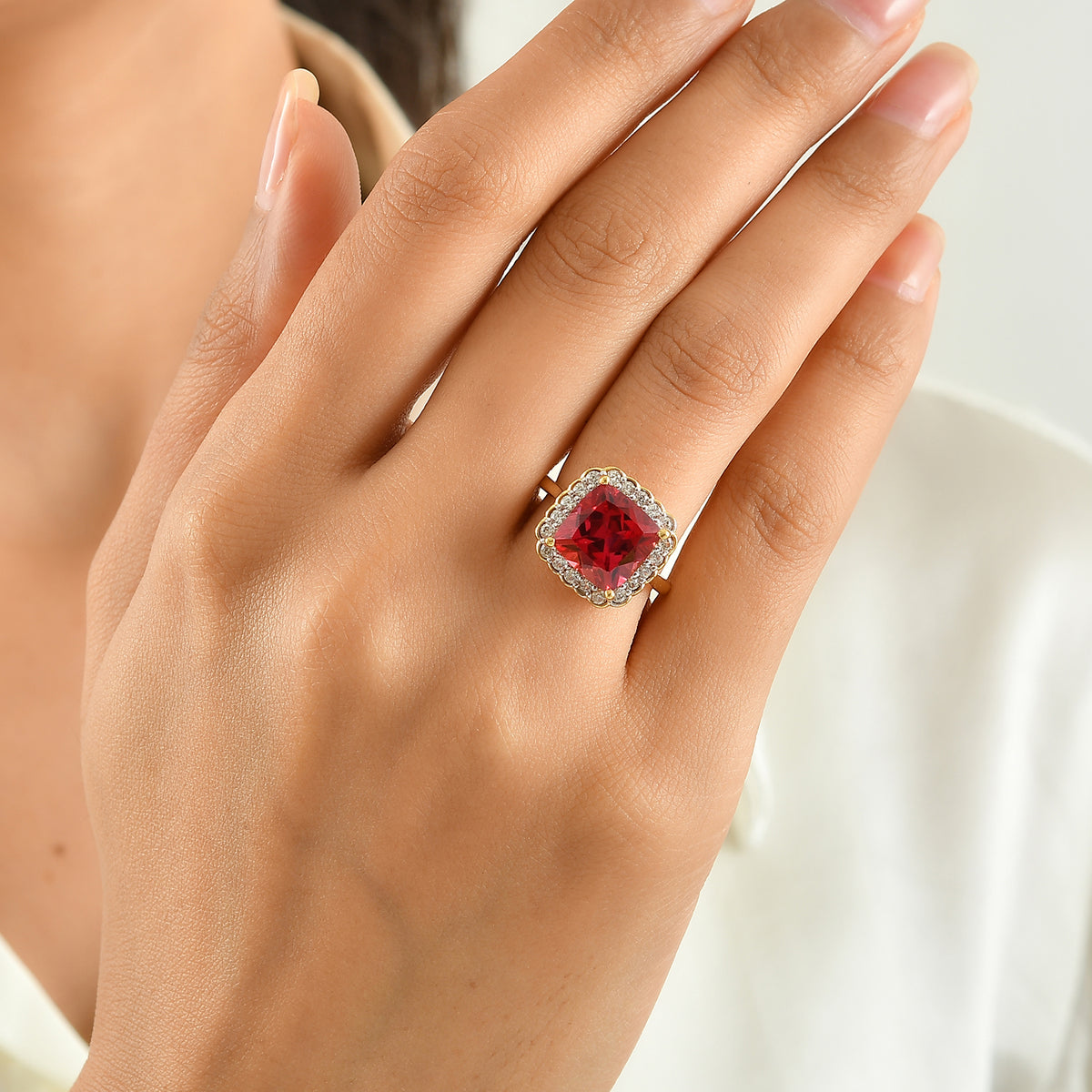Luxuriant Lab Created Padparadscha Sapphire, White Zircon Halo Ring in 18K YG VermeilSterling Silver  7.060  Ct. 8755850 1