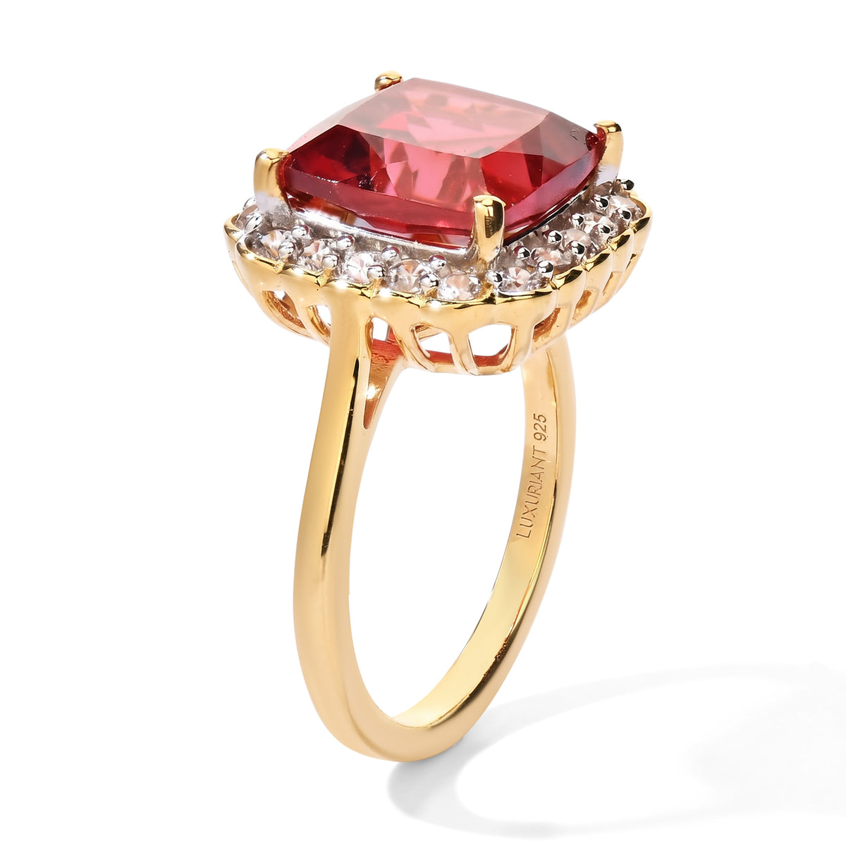 Luxuriant Lab Created Padparadscha Sapphire, White Zircon Halo Ring in 18K YG VermeilSterling Silver  7.060  Ct. 8755850 2