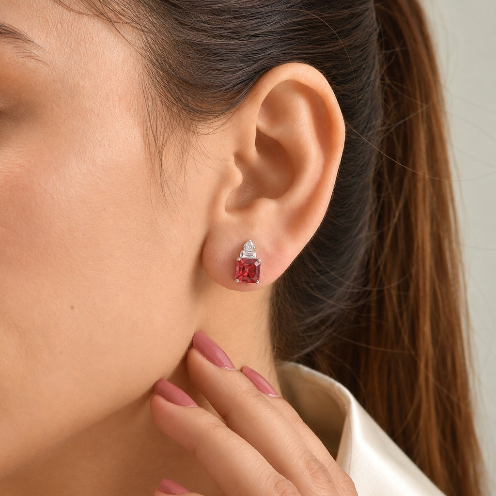 Luxuriant - Lab Created Padparadscha Sapphire & White Zircon Earring with Push Post in Platinum Overlay Sterling Silver 3.40 Ct._8755901_1