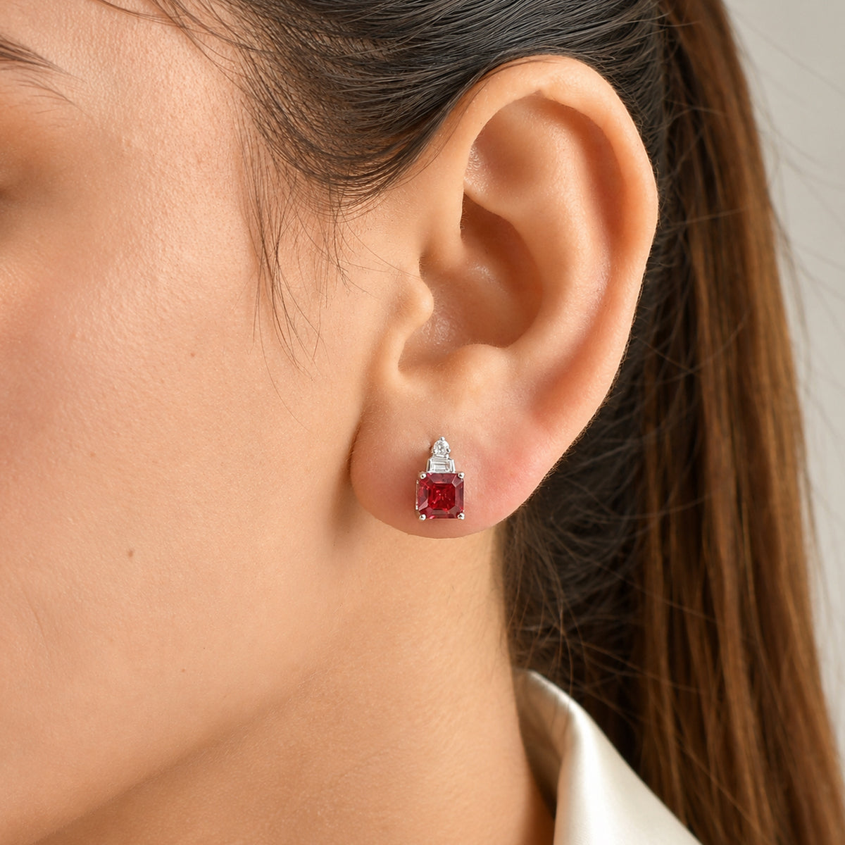 Luxuriant - Lab Created Padparadscha Sapphire &amp; White Zircon Earring with Push Post in Platinum Overlay Sterling Silver 3.40 Ct. 8755901 2