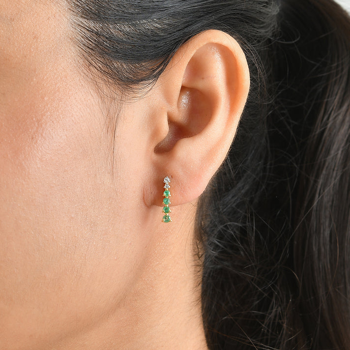 D'Joy - AAA Gemfields Zambian Emerald &amp; White Zircon Dangling Earring with Push Post in Yellow Gold Plated Sterling Silver 8755934 2