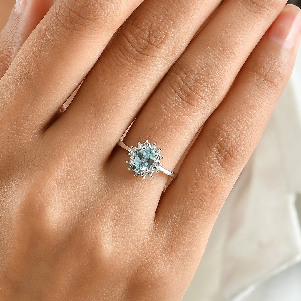 Luxuriant - Blue Zircon & Lab Grown Diamond (SI/G-H) Halo Ring in Platinum Overlay Sterling Silver 1.30 Ct._8756196_1