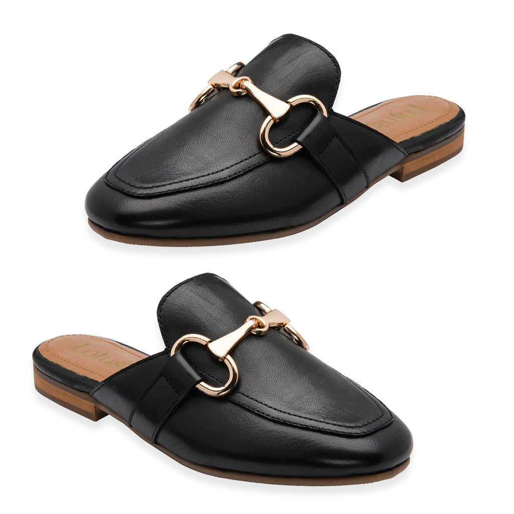 Lotus Taylor Womens Leather Backless Snaffle Bit Slip-On Mule Loafers (Size 7) - Black_8756454
