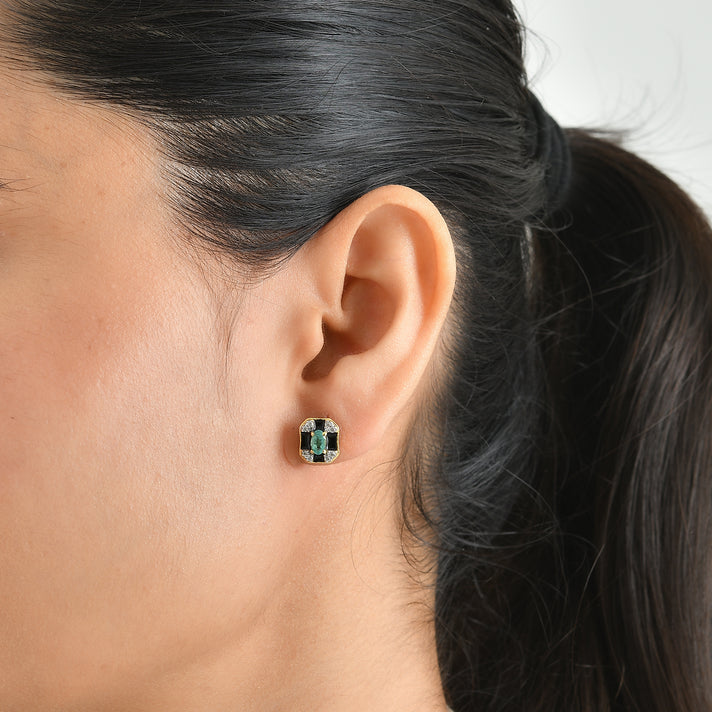 D'Joy - AAA Gemfields Zambian Emerald &amp; White Zircon Earring with Push Post in 18K Vermeil Yellow Gold Plated Sterling Silver 8757152 2