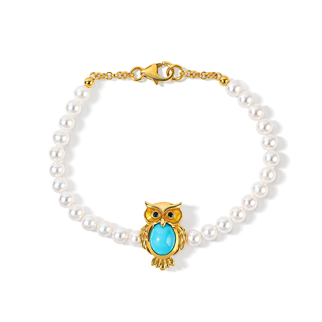 Live From Vicenza GP - Natural Turquoise, Fresh Water Pearl, Black Spinel & Blue Sapphire Bracelet (Size - 7) in 18K Vermeil Yellow Gold Plated Sterling Silver 23.27 Ct._8757341