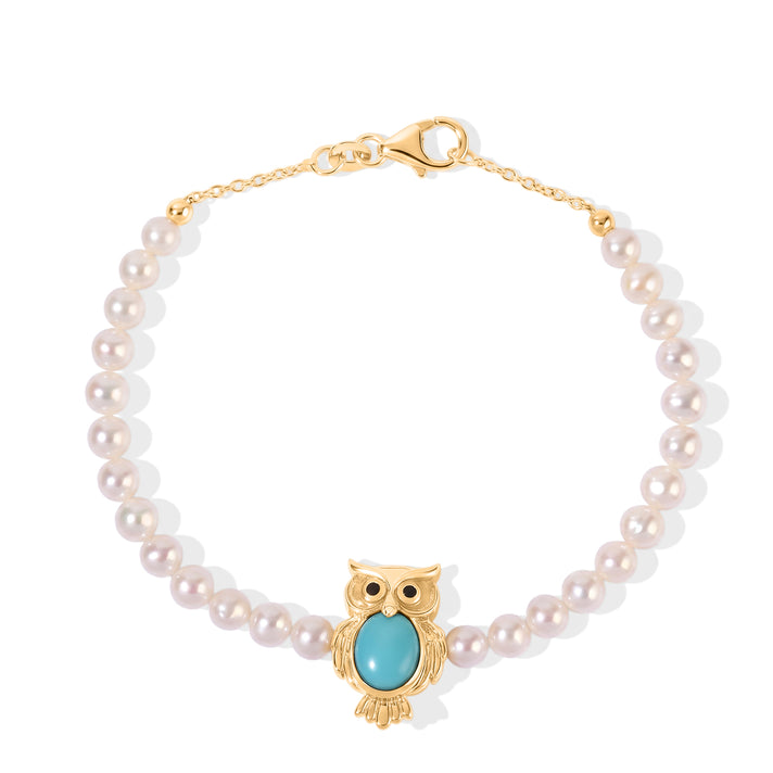 Live From Vicenza GP - Natural Turquoise, Fresh Water Pearl, Black Spinel &amp; Blue Sapphire Owl Bracelet (Size - 8) in 18K Vermeil Yellow Gold Plated Sterling Silver 23.30 Ct. 8757342 1