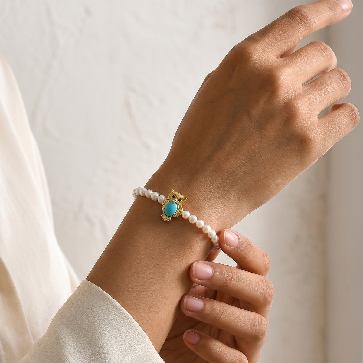 Live From Vicenza GP - Natural Turquoise, Fresh Water Pearl, Black Spinel &amp; Blue Sapphire Owl Bracelet (Size - 8) in 18K Vermeil Yellow Gold Plated Sterling Silver 23.30 Ct. 8757342 2