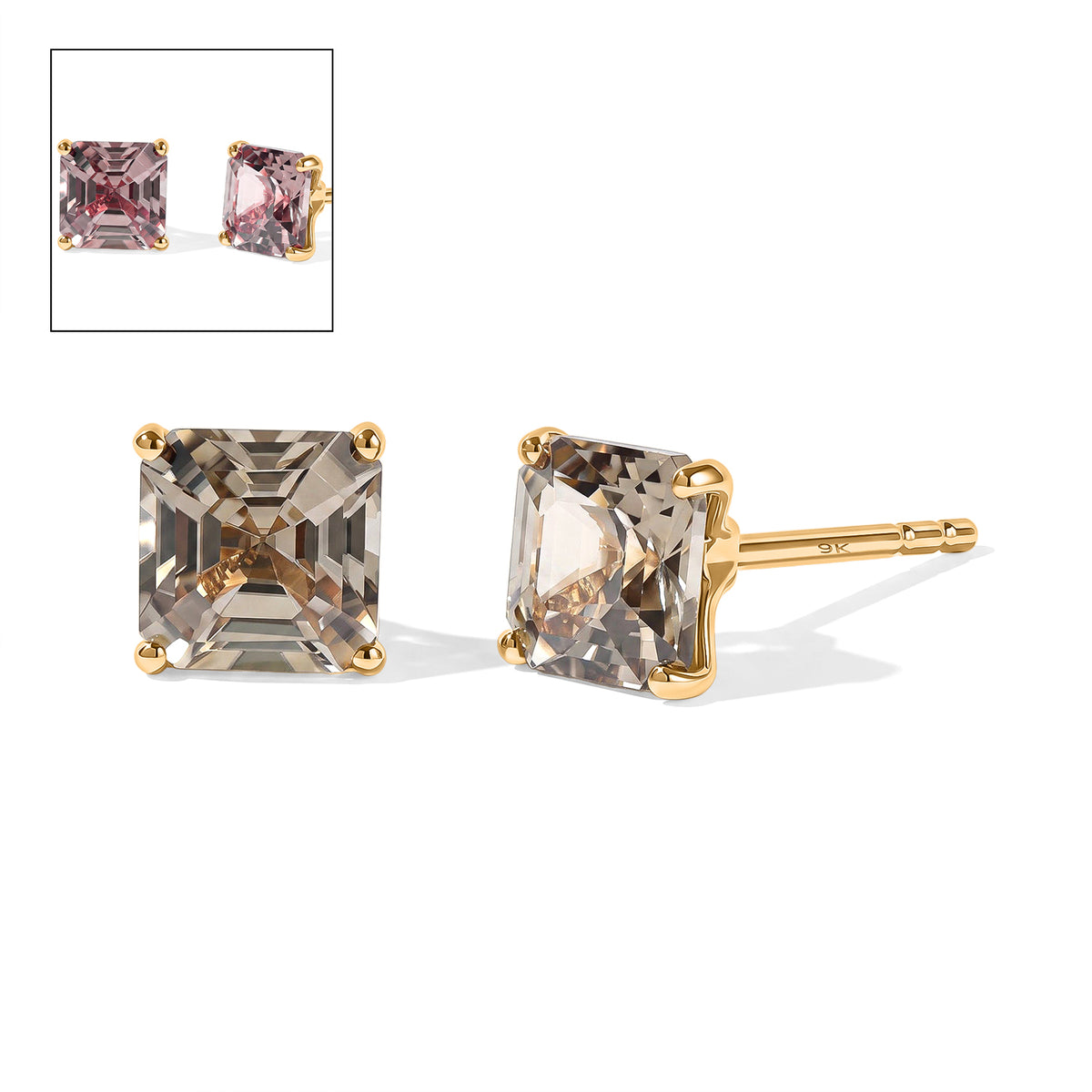 The Tony Diniz Collection - 9K Yellow Gold AAA Turkizite Asscher Cut Stud Earrings with Push Backs 2.50 Ct. 8757585 0