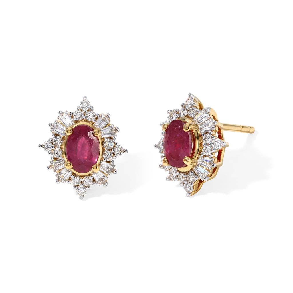 D'Joy - AAA Fissure Filled Ruby & Moissanite Sunburst Halo Earring with Push Post in Yellow Gold Plated Sterling Silver 1.90 Ct._8758208