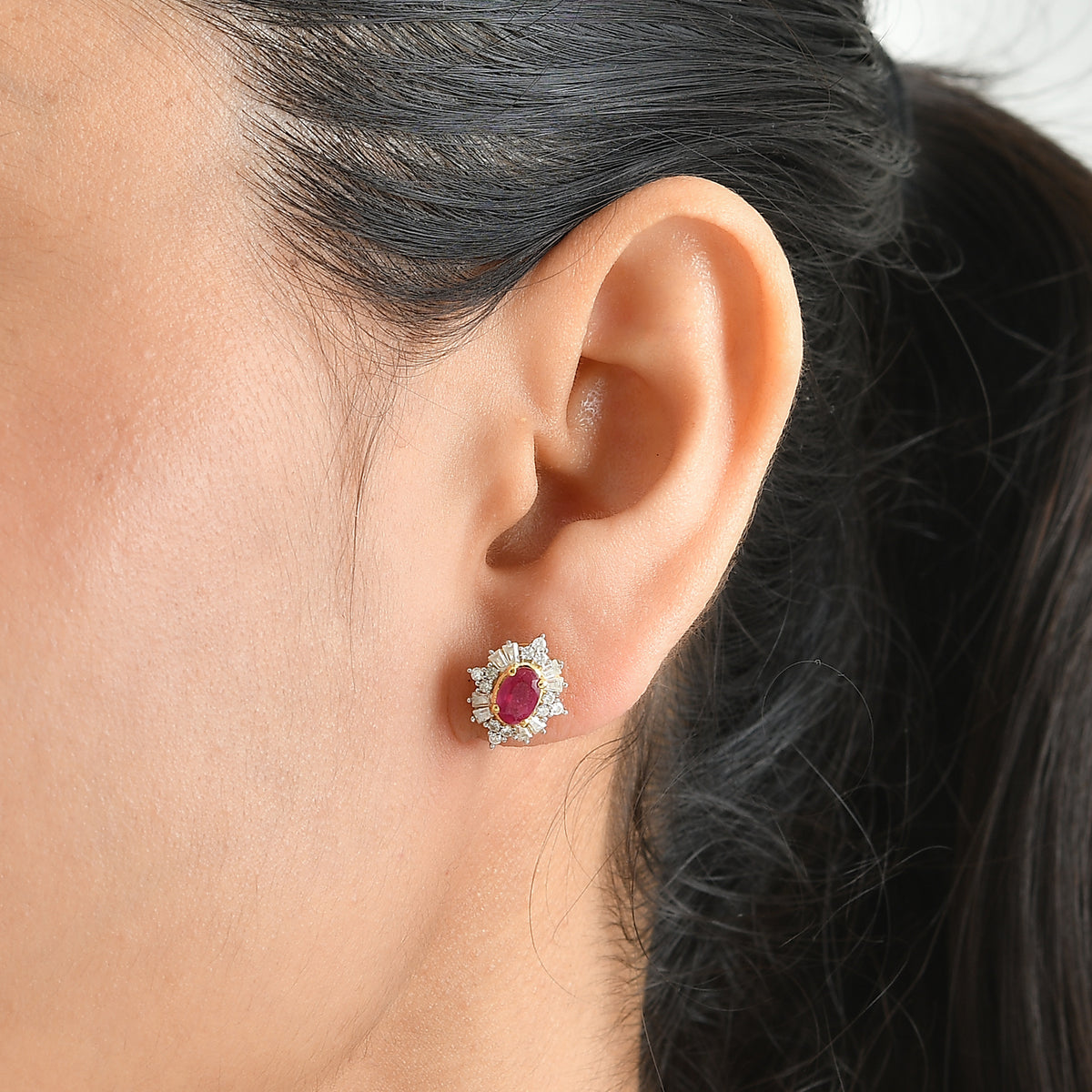 D'Joy - AAA Fissure Filled Ruby &amp; Moissanite Sunburst Halo Earring with Push Post in Yellow Gold Plated Sterling Silver 1.90 Ct. 8758208 1