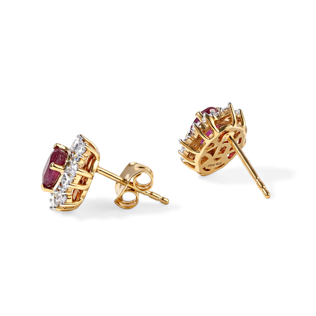 D'Joy - AAA Fissure Filled Ruby & Moissanite Sunburst Halo Earring with Push Post in Yellow Gold Plated Sterling Silver 1.90 Ct._8758208_3