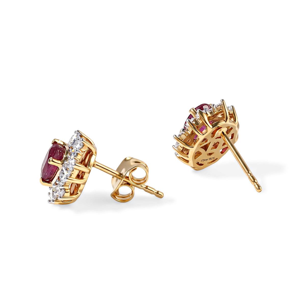 D'Joy - AAA Fissure Filled Ruby &amp; Moissanite Sunburst Halo Earring with Push Post in Yellow Gold Plated Sterling Silver 1.90 Ct. 8758208 3