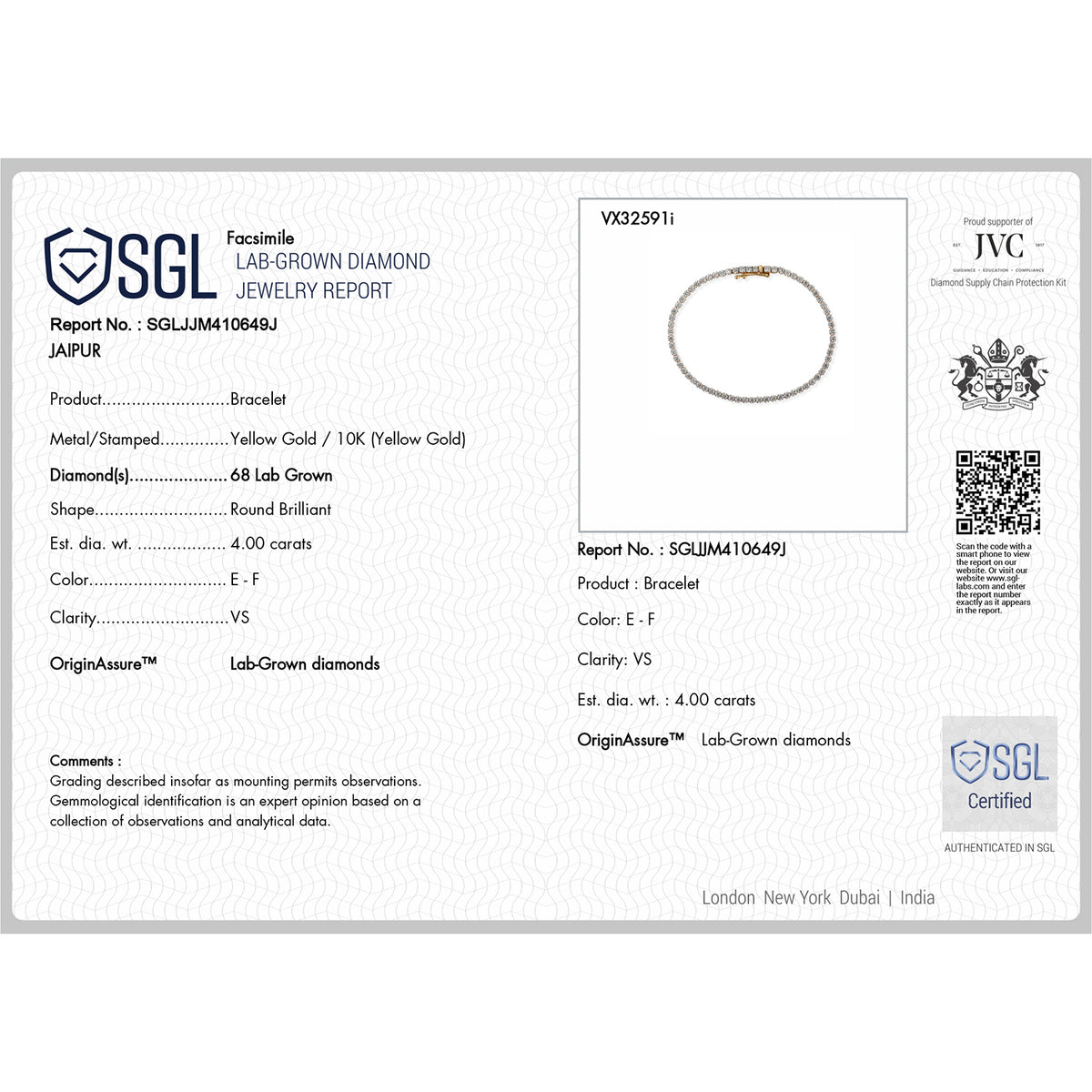 Fifth Avenue CloseOut-10K Yellow Gold SGL Certified Lab Grown Diamond (VS/E-F) Tennis Bracelet (Size - 7.5) 4.00 Ct. 8759671 5