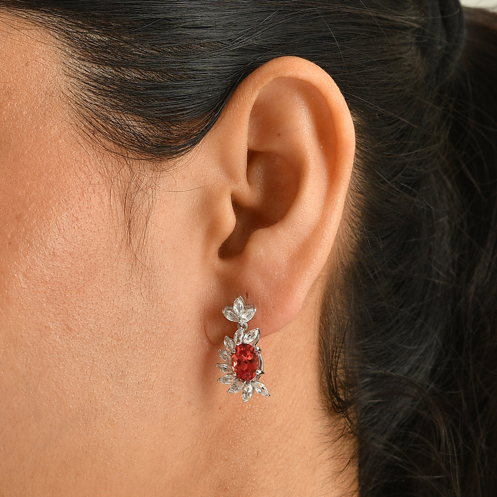 Luxuriant - Lab Created Padparadscha Sapphire & White Topaz Dangling Earring with Push Post in Rhodium Overlay Sterling Silver 5.50 Ct._8760927_1