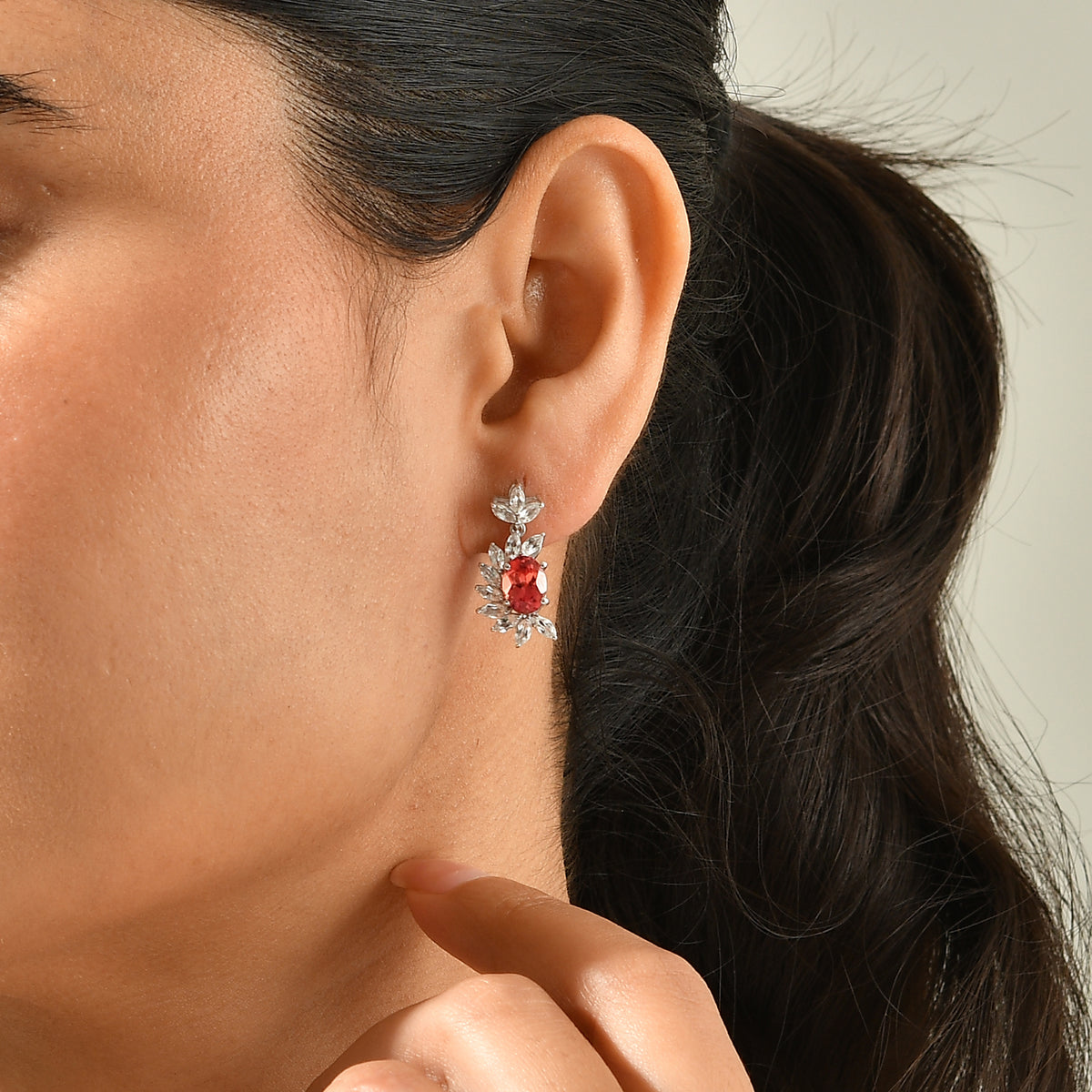 Luxuriant - Lab Created Padparadscha Sapphire &amp; White Topaz Dangling Earring with Push Post in Rhodium Overlay Sterling Silver 5.50 Ct. 8760927 2