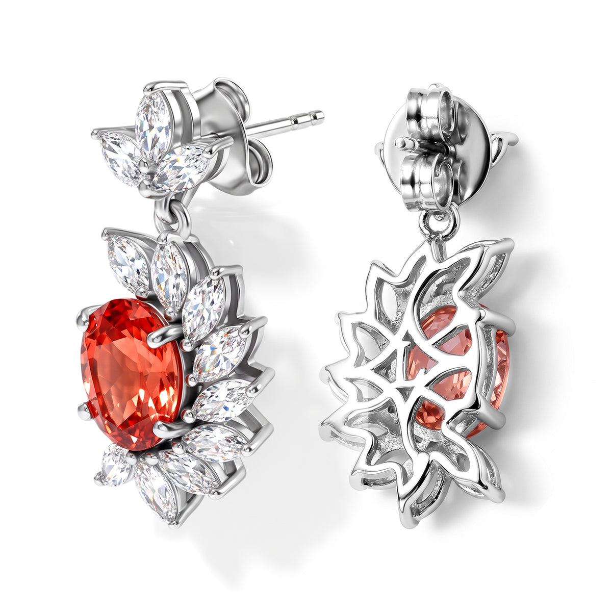 Luxuriant - Lab Created Padparadscha Sapphire &amp; White Topaz Dangling Earring with Push Post in Rhodium Overlay Sterling Silver 5.50 Ct. 8760927 3