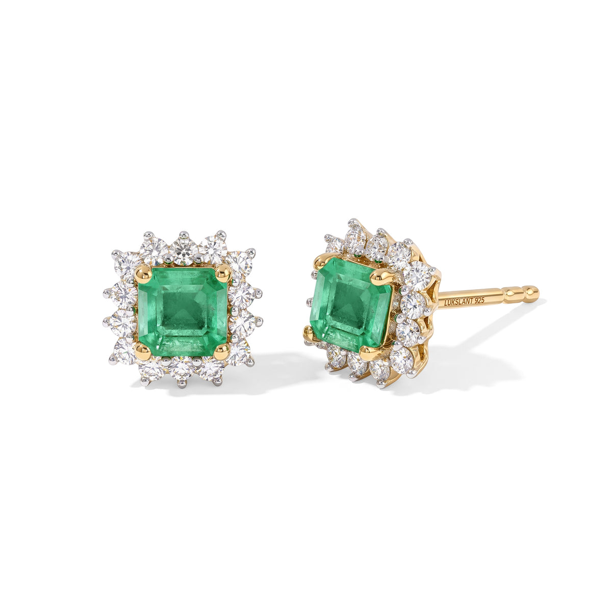 Luxuriant - AAA Gemfields Zambian Emerald &amp; Lab Grown Diamond (SI/G-H) Halo Earring with Push Post in 18K Vermeil Yellow Gold Plated Sterling Silver 1.00 Ct. 8761142 0