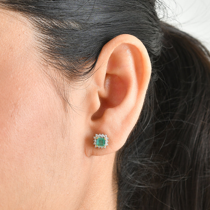 Luxuriant - AAA Gemfields Zambian Emerald &amp; Lab Grown Diamond (SI/G-H) Halo Earring with Push Post in 18K Vermeil Yellow Gold Plated Sterling Silver 1.00 Ct. 8761142 2