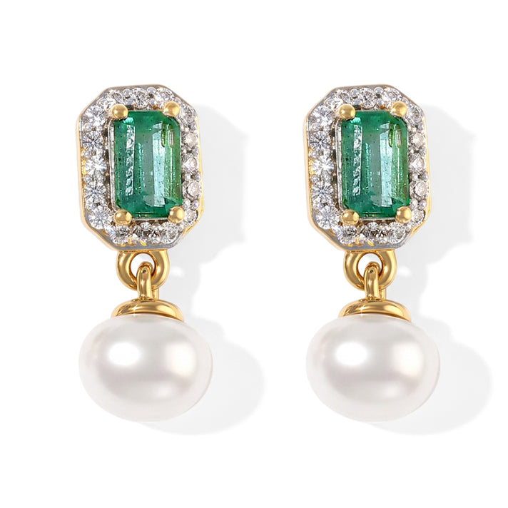 D'Joy - AAA Gemfields Zambian Emerald, Fresh Water Pearl &amp; White Zircon Dangling Earring with Push Post in 18K Vermeil Yellow Gold Plated Sterling Silver 3.70 Ct. 8761649 1
