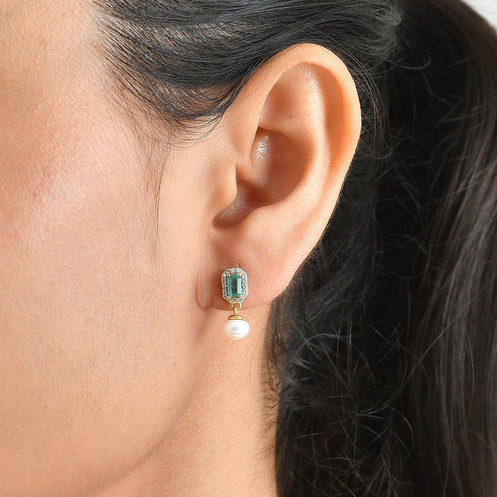 D'Joy - AAA Gemfields Zambian Emerald, Fresh Water Pearl &amp; White Zircon Dangling Earring with Push Post in 18K Vermeil Yellow Gold Plated Sterling Silver 3.70 Ct. 8761649 2