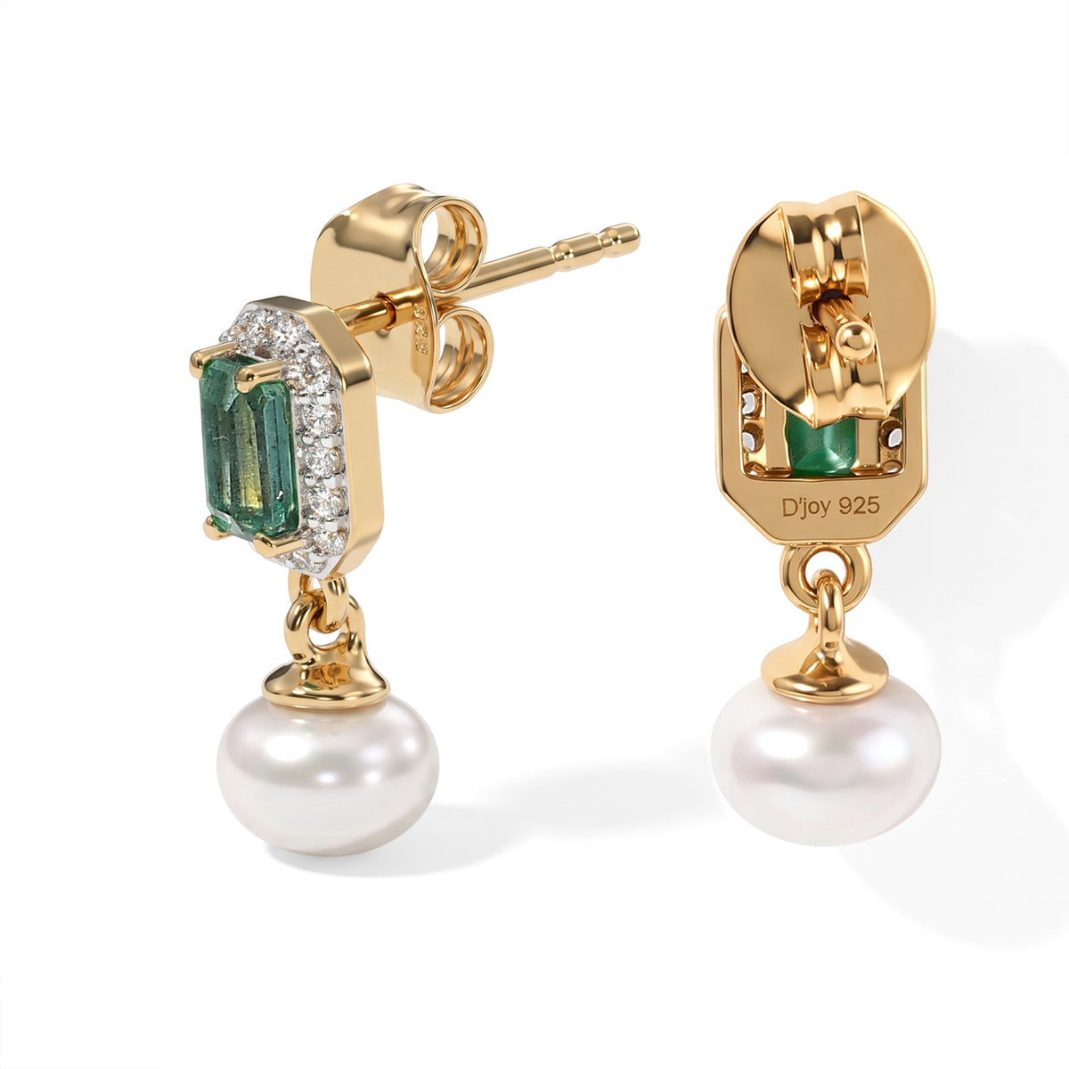 D'Joy - AAA Emerald, Fresh Water Pearl &amp; White Zircon Dangling Earring with Push Post in 18K Vermeil Yellow Gold Plated Sterling Silver 3.70 Ct. 8761649 3
