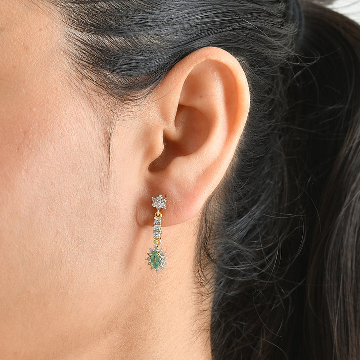 D'Joy - AAA Gemfields Zambian Emerald &amp; White Zircon Dangling Earring with Push Post in 18K Vermeil Yellow Gold Plated Sterling Silver 1.40 Ct. 8761714 2