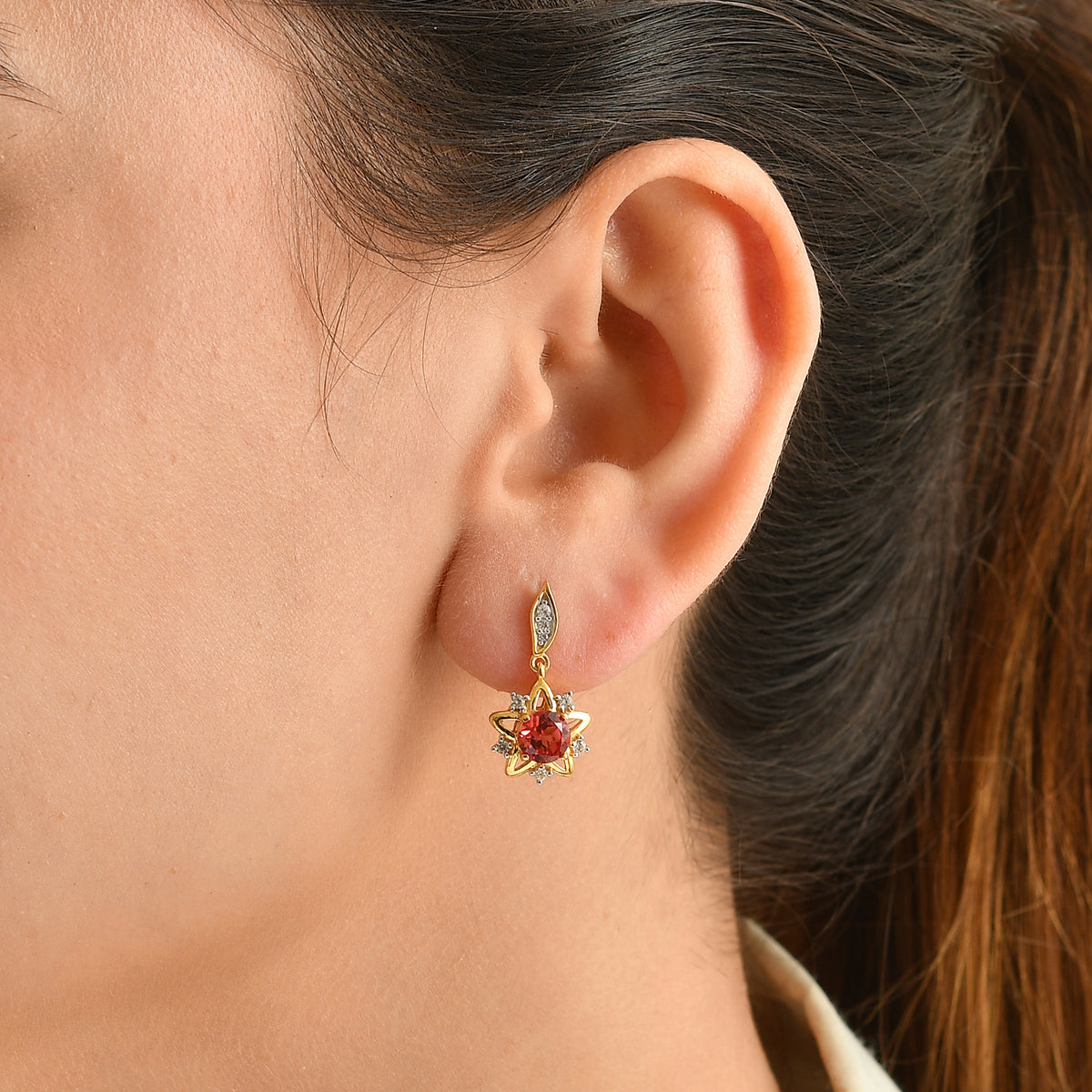 Luxuriant - Lab Created Padparadscha Sapphire &amp; White Zircon Dangling Earring in Yellow Gold Plated Sterling Silver 3.00 Ct. 8762091 1