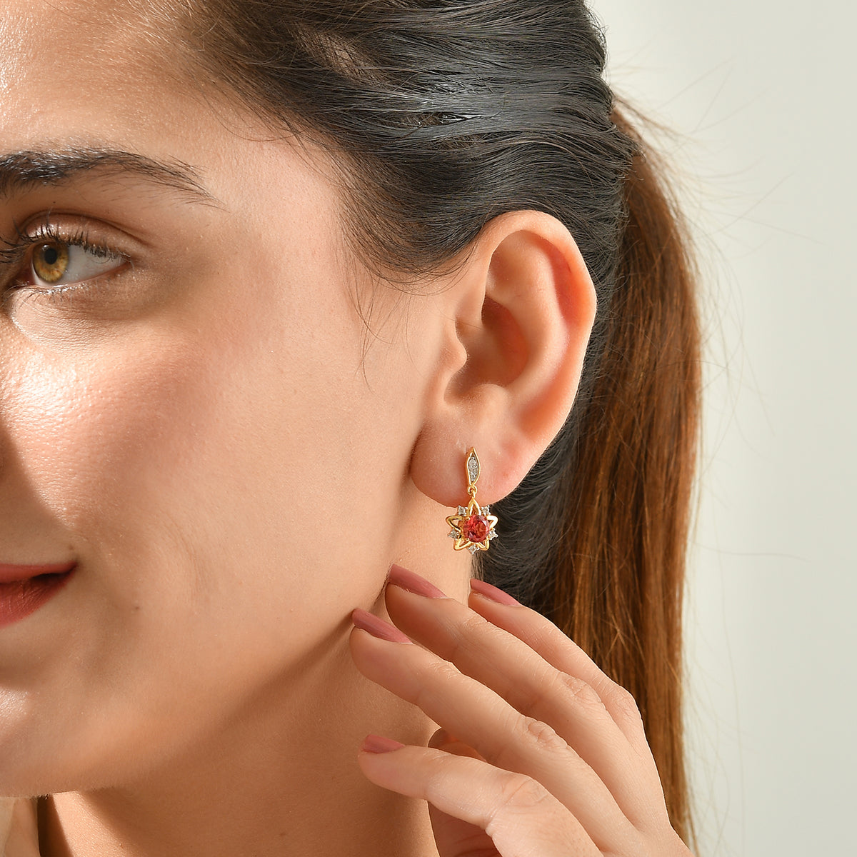Luxuriant - Lab Created Padparadscha Sapphire &amp; White Zircon Dangling Earring in Yellow Gold Plated Sterling Silver 3.00 Ct. 8762091 2