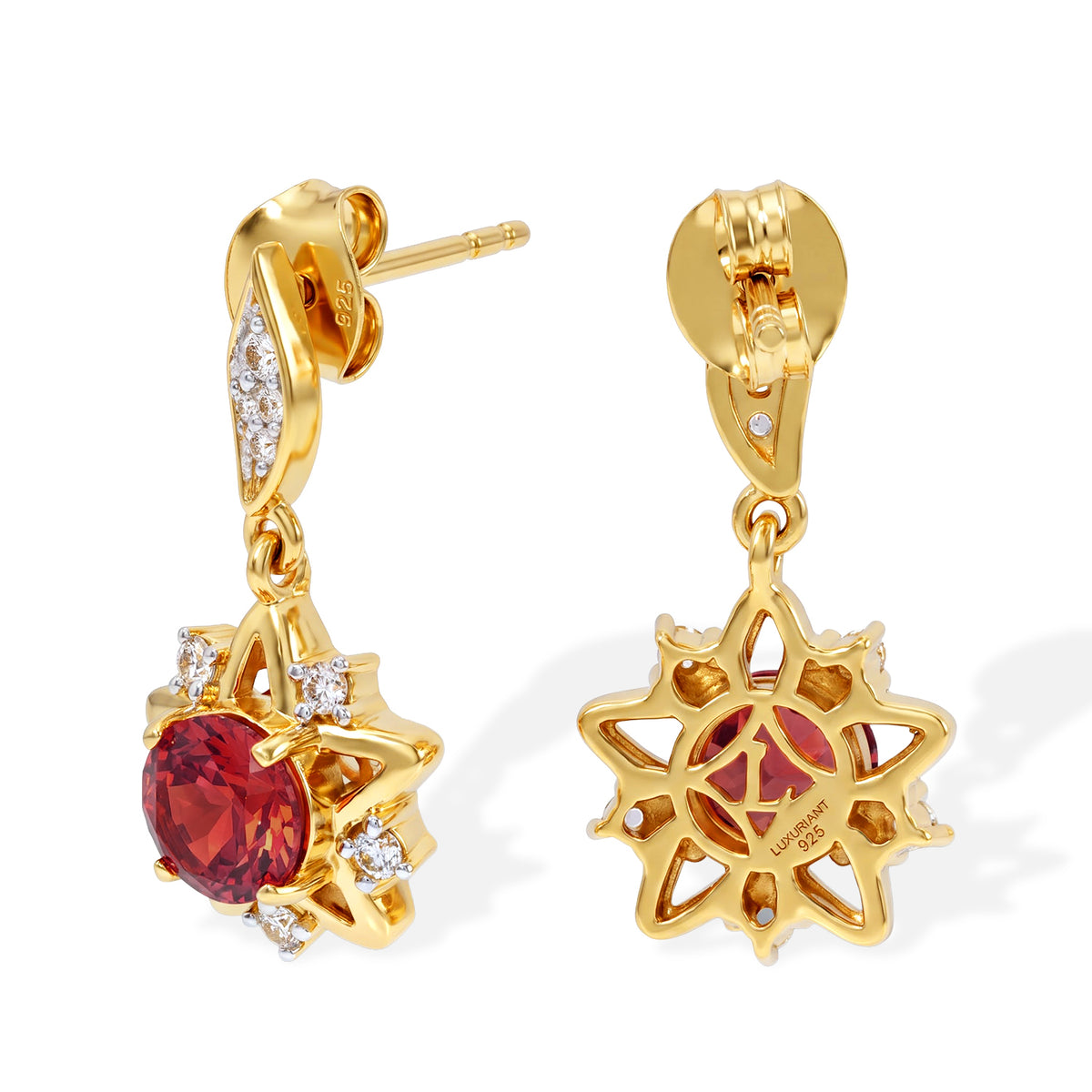 Luxuriant - Lab Created Padparadscha Sapphire &amp; White Zircon Dangling Earring in Yellow Gold Plated Sterling Silver 3.00 Ct. 8762091 3