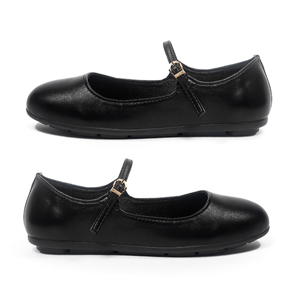 Megan Womens Patent Mary Jane Buckle Strap Flat Pumps With Classic Round Toe (Size 4) - Black_8762442