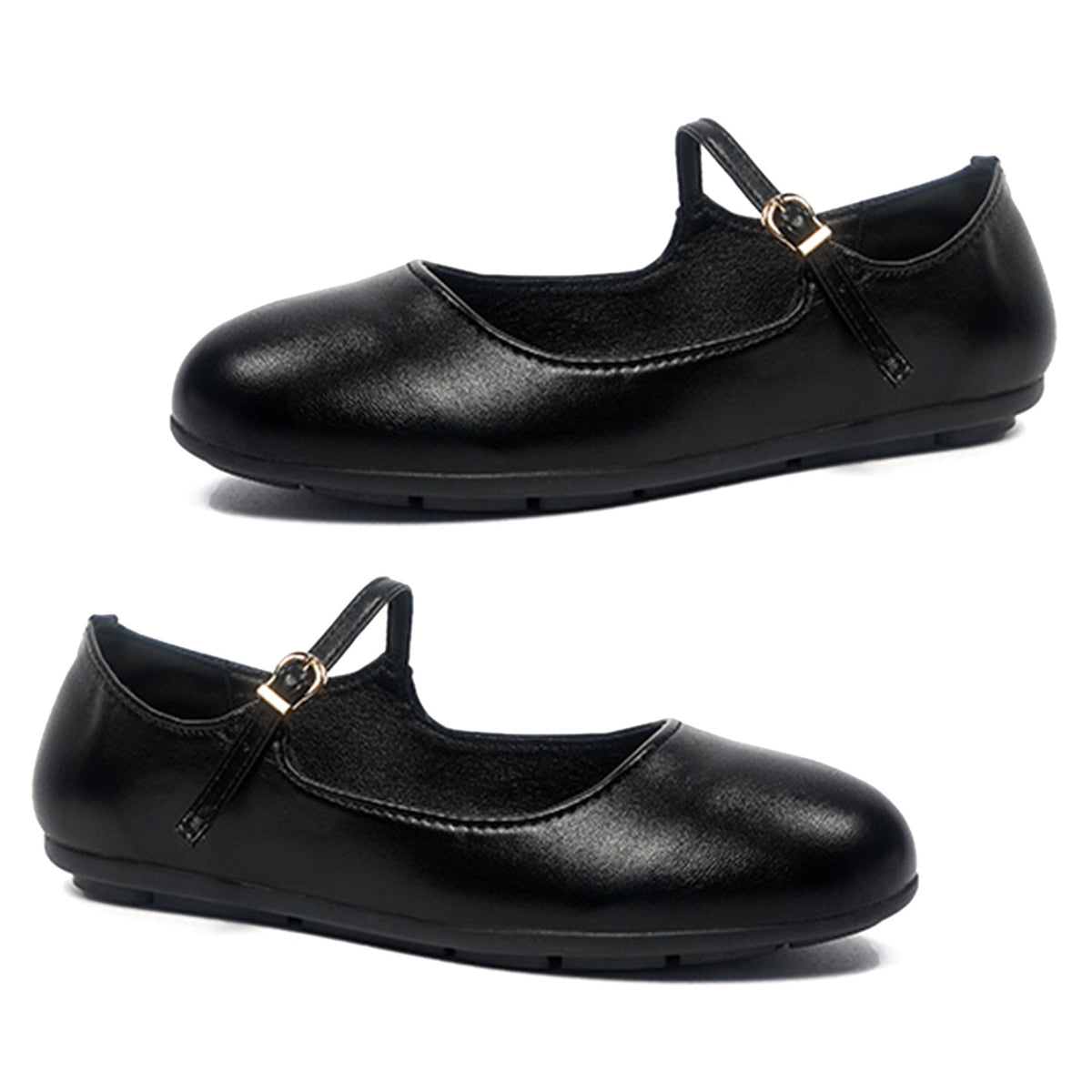 Megan Womens Patent Mary Jane Buckle Strap Flat Pumps With Classic Round Toe (Size 4) - Black 8762442 1